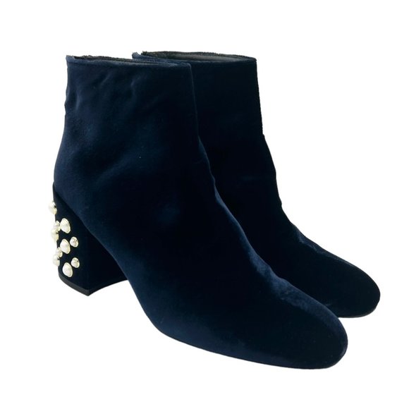 Stuart Weitzman Bacari Navy Velvet Pearl Heeled Boots - Picture 1 of 12